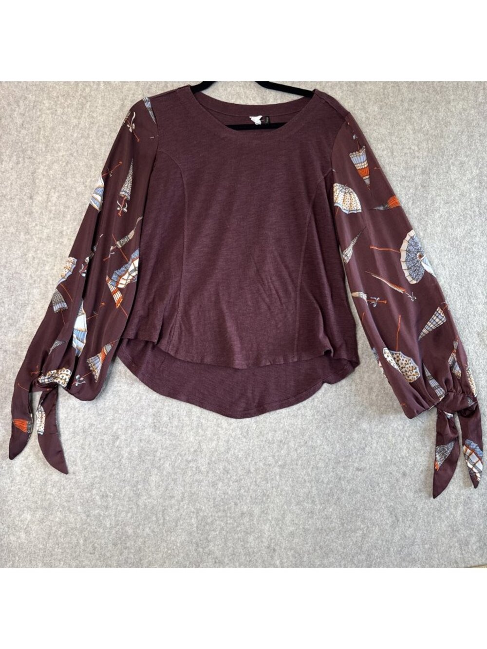 Anthropologie Akemi + Kin Mixed Media Top Womens Small Plum Printed Tie-Sleeve